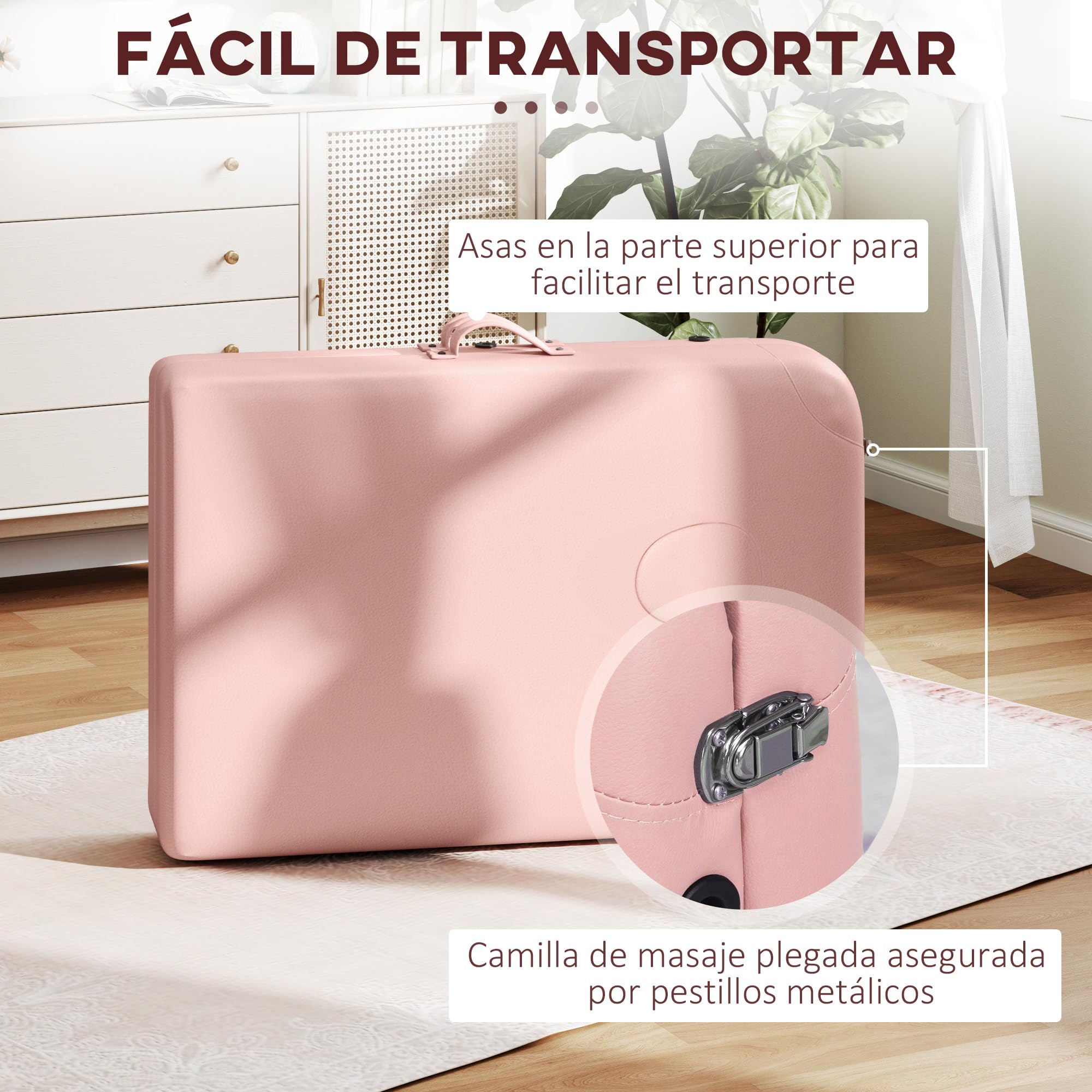 HOMCOM Camilla de Masaje Plegable 210x81 cm Camilla Estética Profesional con Reposacabezas Extraíble 2 Zonas Asa y Marco de Madera con Altura Regulable y Bolsa de Transporte Rosa
