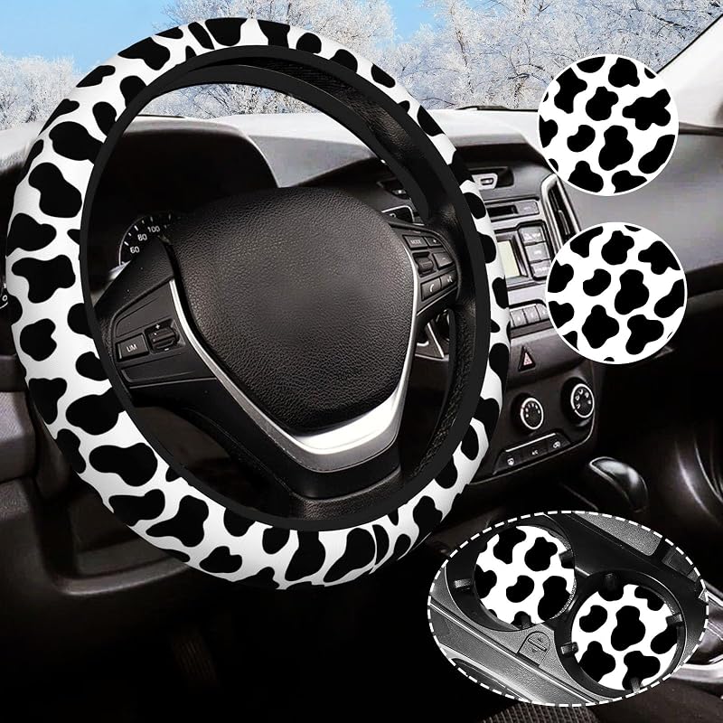 Capa para Volante Olemier Estampa Vaca Preto e Branco, 36,8–38,1 cm, com 2 Porta-Copos
