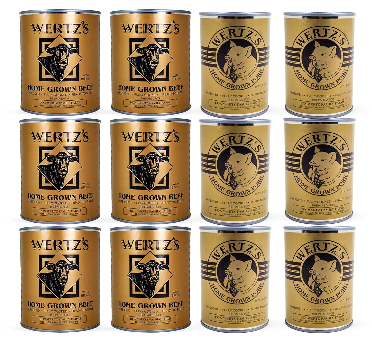 Wertz's Ready to Eat Canned Homegrown Premium GMO FREE Variety 12 Pack 28oz (6 Canned Beef & 6 Canned Pork) Emergency Survival Food for Camping, Backpacking and Hiking