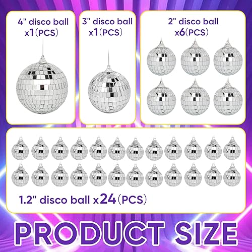 Miniatura 9 de Paquete de 32 mini bolas de discoteca decorativas de diferentes tamaños de bola de espejo con cuerda para colgar, adorno de bola de discoteca para