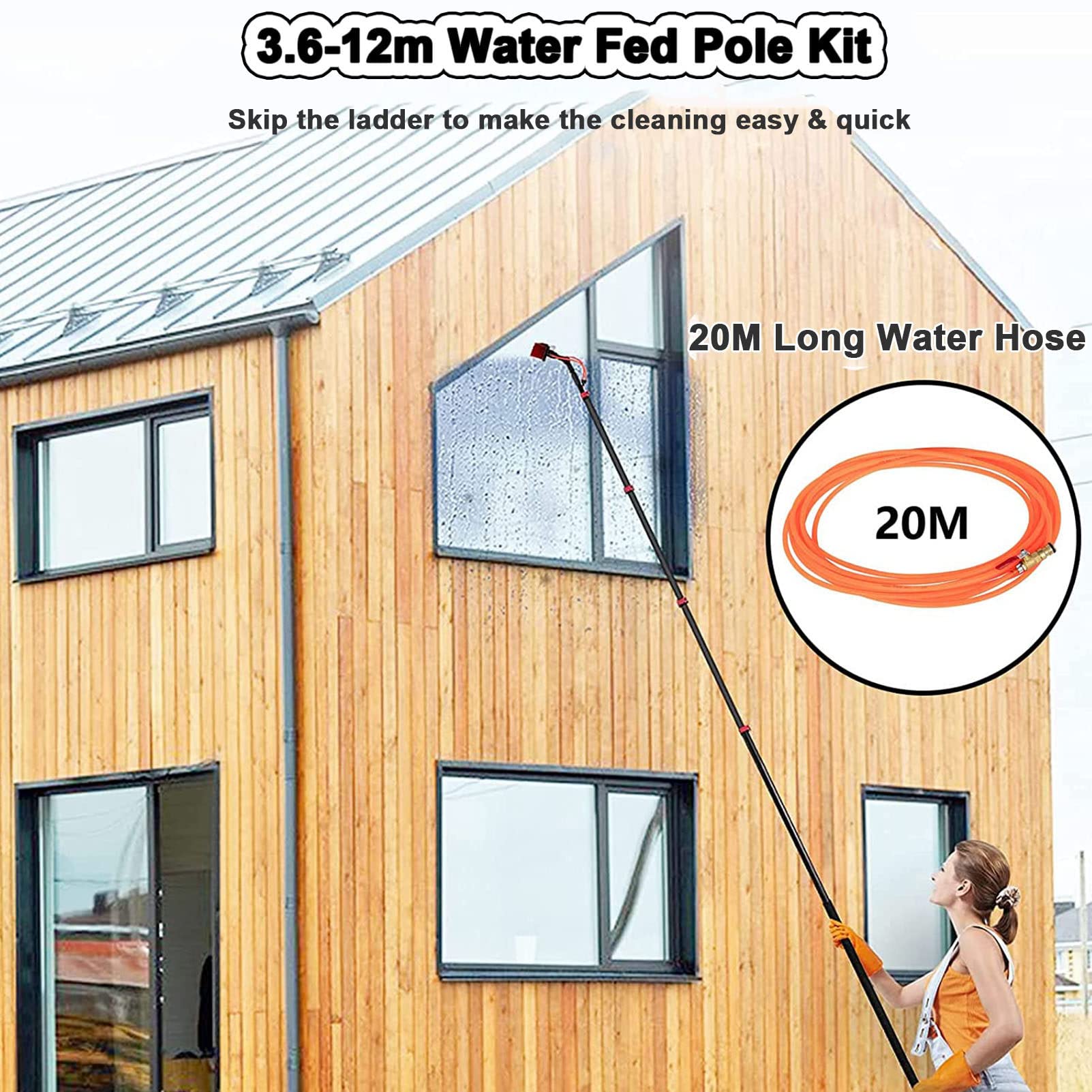 Kit de Limpieza de Ventanas con pértiga alimentada por Agua - Cepillo telescóo de 6-12 m con Manguera rociadora, Limpiador de Paneles solares de 24 pies, Liro, 55 cm, herie
