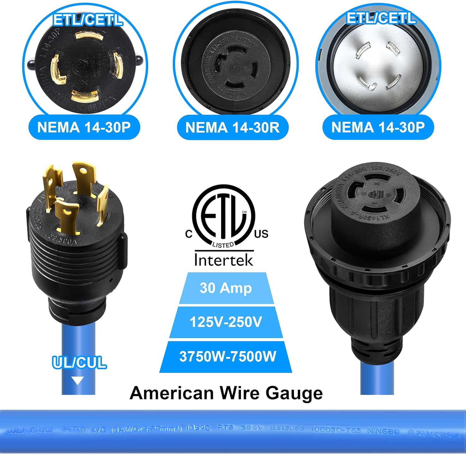 30 Amp Generator Cord and Pre-Drilled Power Inlet Box, Generator Cords 50FT, 30 Amp 125V/250V Generator Power Cord NEMA L14-30P to L14-30R, Twist Lock Connector