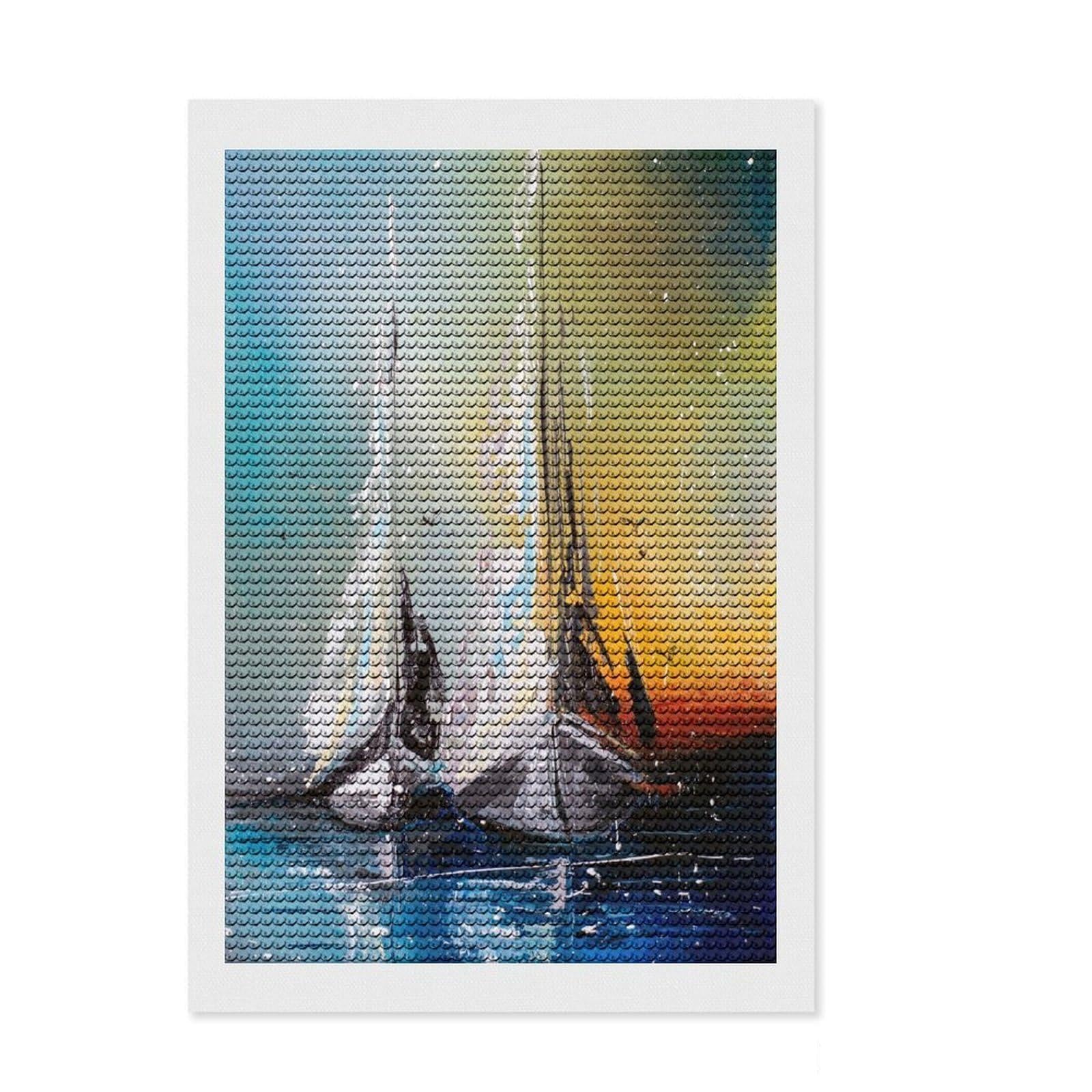 Junmoney Sailboats at Dusk Diamond Style Art Kit 8"x12", Round Gems, Mindful Craft Project, Thoughtful Present, Aesthetic Room Decor