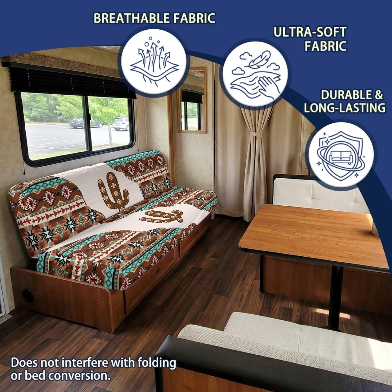 Vintage Brown Southwest RV Couch Covers Stretchable Cactus Camper Sofa Slipcover Non Slip Jackknife Sleeper Sofa Cushion Covers for RV Jackknife Sofa Bed
