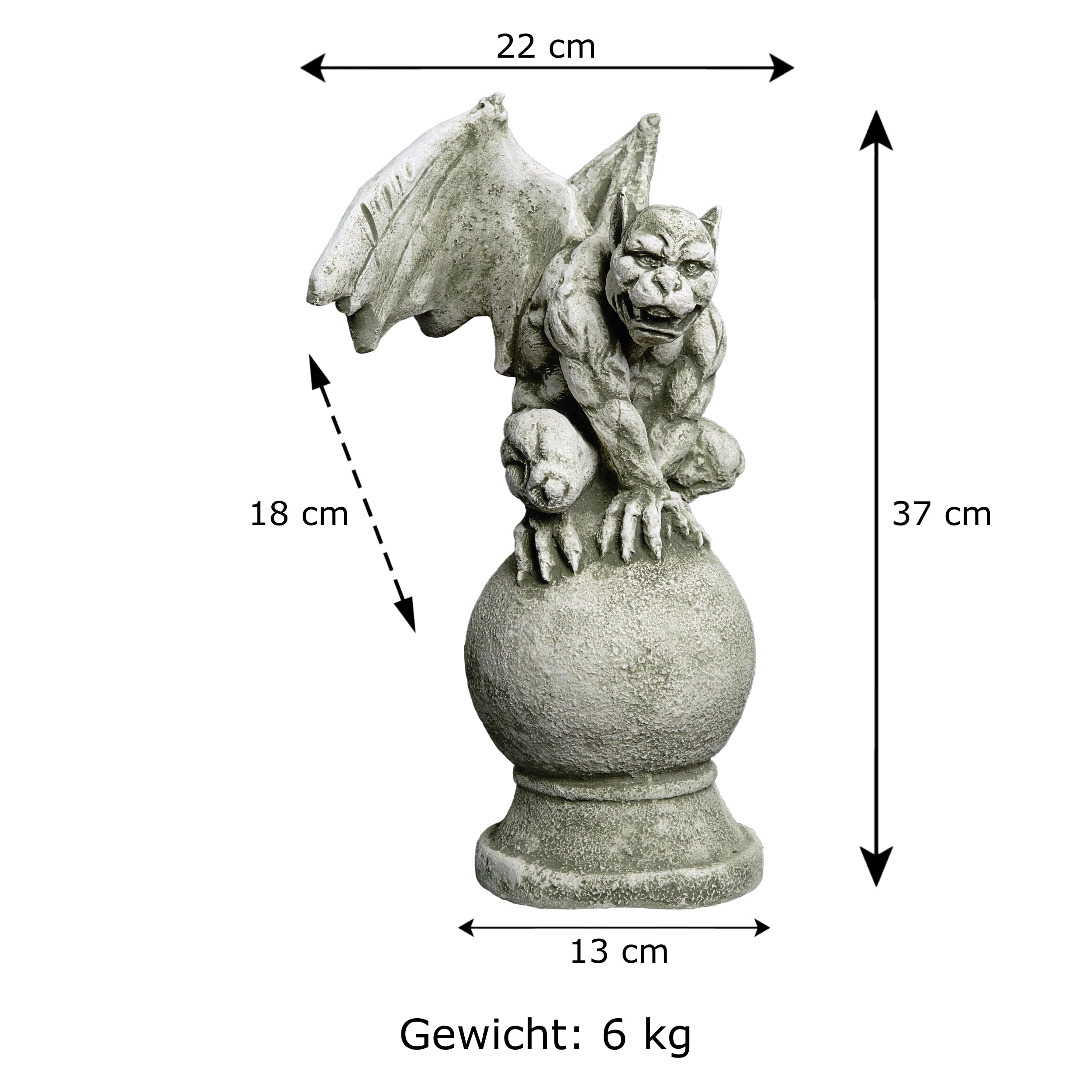gartendekoparadies.de Gargoyle Drachen auf Kugel Steinfigur aus Steinguss, Grau, Frostsicher, H. 37 cm, 6 kg, für Außenbereich
