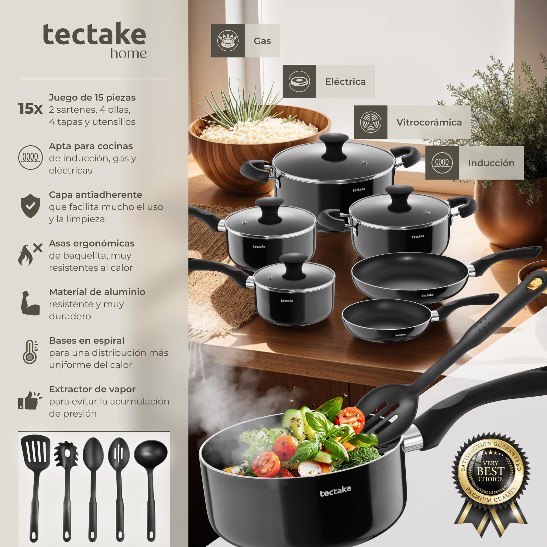 tectake® batería de cocina 15 piezas, sartenes, cacerolas de aluminio, tapa de vidrio, mangos resistentes al calor, utensilios cocina, ollas cocina, sartenes antiadherentes - 15 Piezas