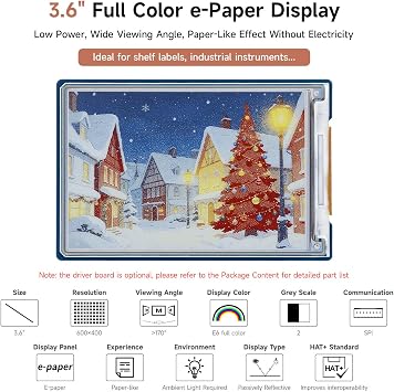 Waveshare 3.6inch E Ink Spectra 6 (E6) Full Color E-Paper Display, 600400 Pixels, SPI Communication, with HAT+ Standard Driver Board, E-Ink Display