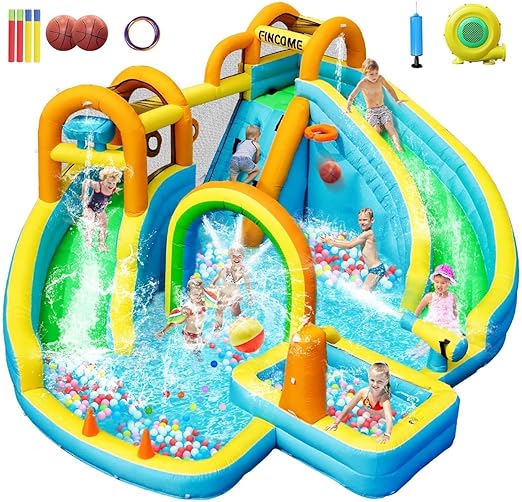 Inflatable Water Slide, Bounce House with 2 Slide for Kids, Inflatable Waterslide Park with Splash Pool, Basketball Hoop, Ball Shooting & Water Cannon for Backyard, Outdoor, Indoor