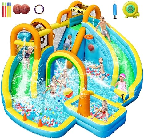 Inflatable Water Slide, Bounce House with 2 Slide for Kids, Inflatable Waterslide Park with Splash Pool, Basketball Hoop, Ball Shooting & Water Cannon for Backyard, Outdoor, Indoor