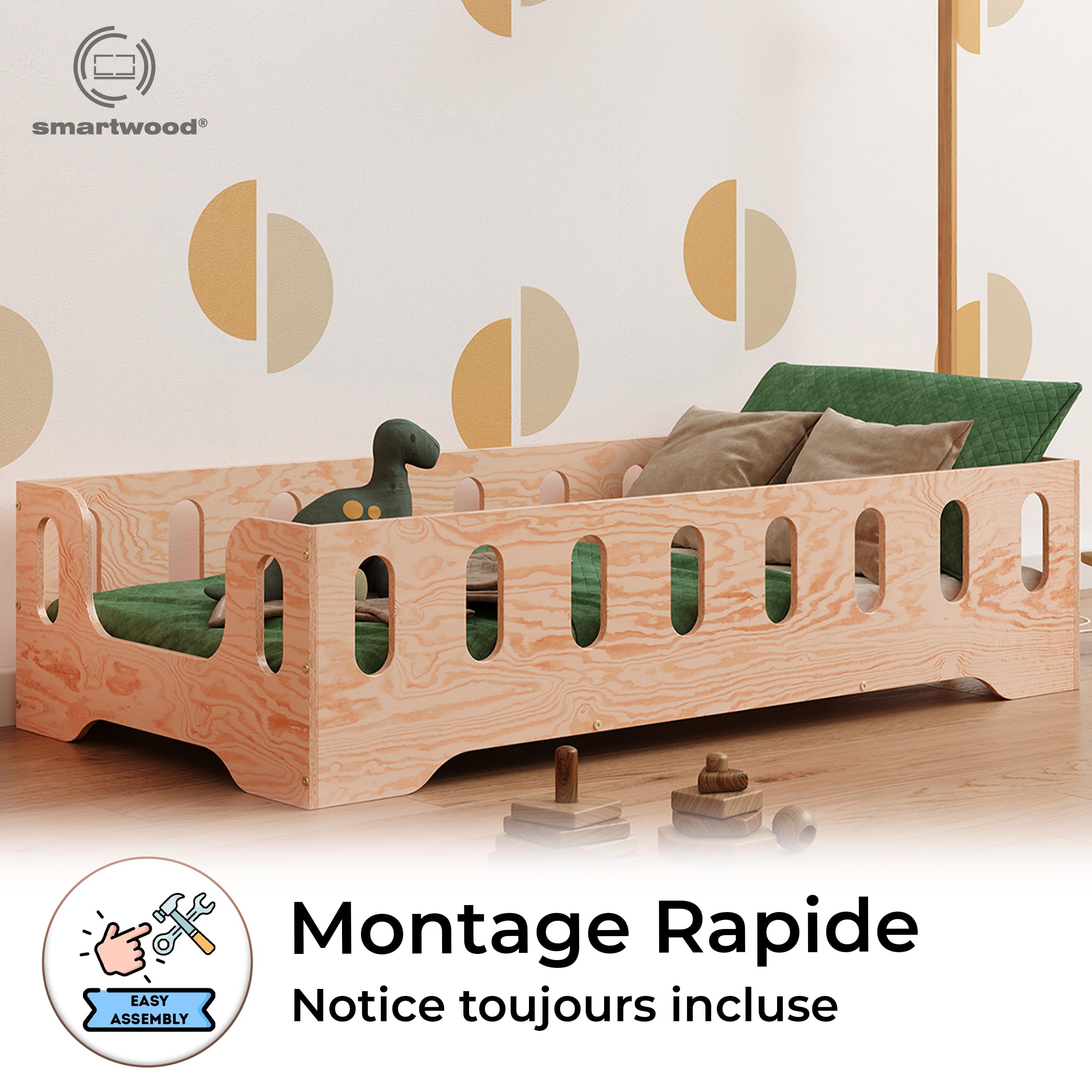 smartwood Lit Enfant 90x200 cm - Lit au Sol Enfant en Bois Naturel avec Barrière de Sécurité et Sommier - Charge Jusqu’à 230 kg - Lits Montessori pour Garçons et Filles - TILA 2B Bois