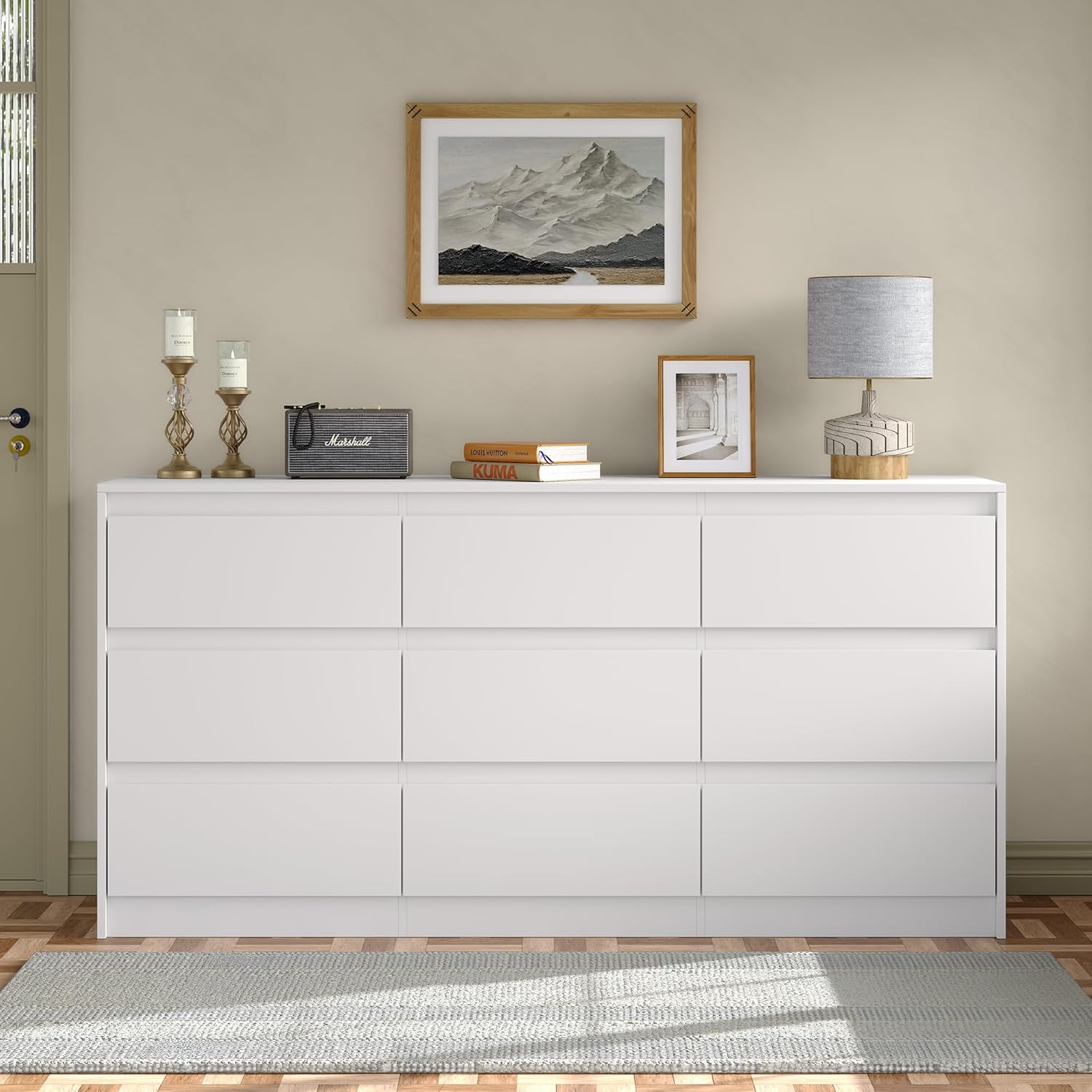 Furniouse Modern 9 Large Storage Drawers Dresser for Clothes Organizer, White Modern Chest of Drawers for Closet,63" Long Drawer Organizer Cabinet for Bedroom,Living Room,Entryway,Hallway White 15.6"D x 63"W x 31.5"H (9 Drawers)