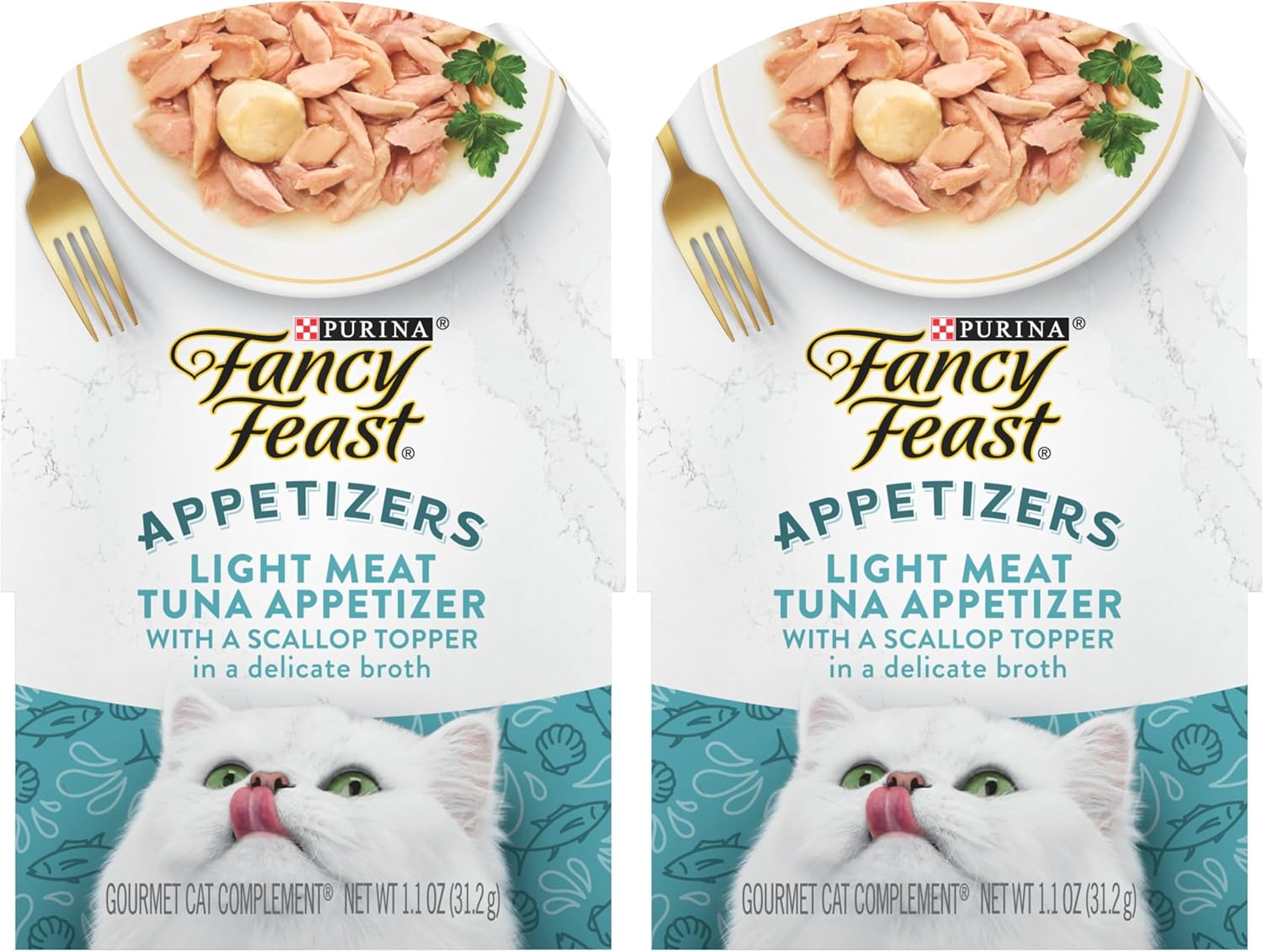 Fancy Feast Purina Appetizers Lickable Grain Free Wet Cat Food Topper Light Meat Tuna Appetizer with Scallop - 1.1 oz. Trays,(Pack of 20)