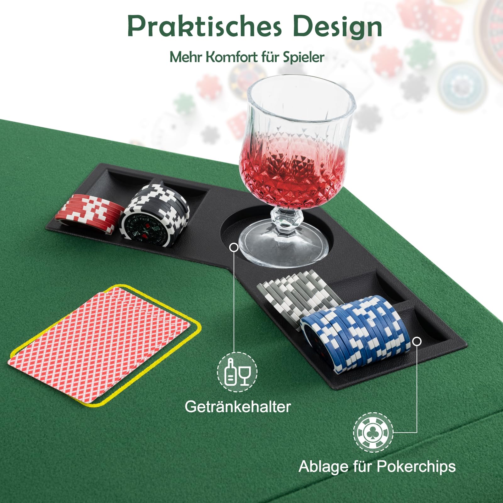 DREAMADE Faltbarer Pokerauflage für 8 Spieler, Pokertisch Matte 120x120 cm mit Getränkehalter & Tragetasche
