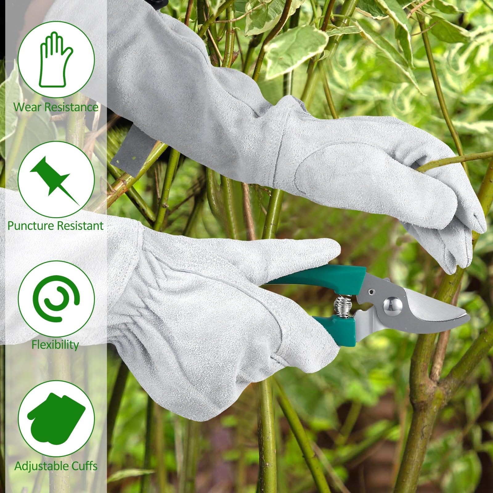 lange gartenhandschuhe Lange, dornensichere Gartenhandschuhe, Lederhandschuhe for Beschneiden von Rosenpflanzen mit Manschette, Unterarmschutz(2pairs)
