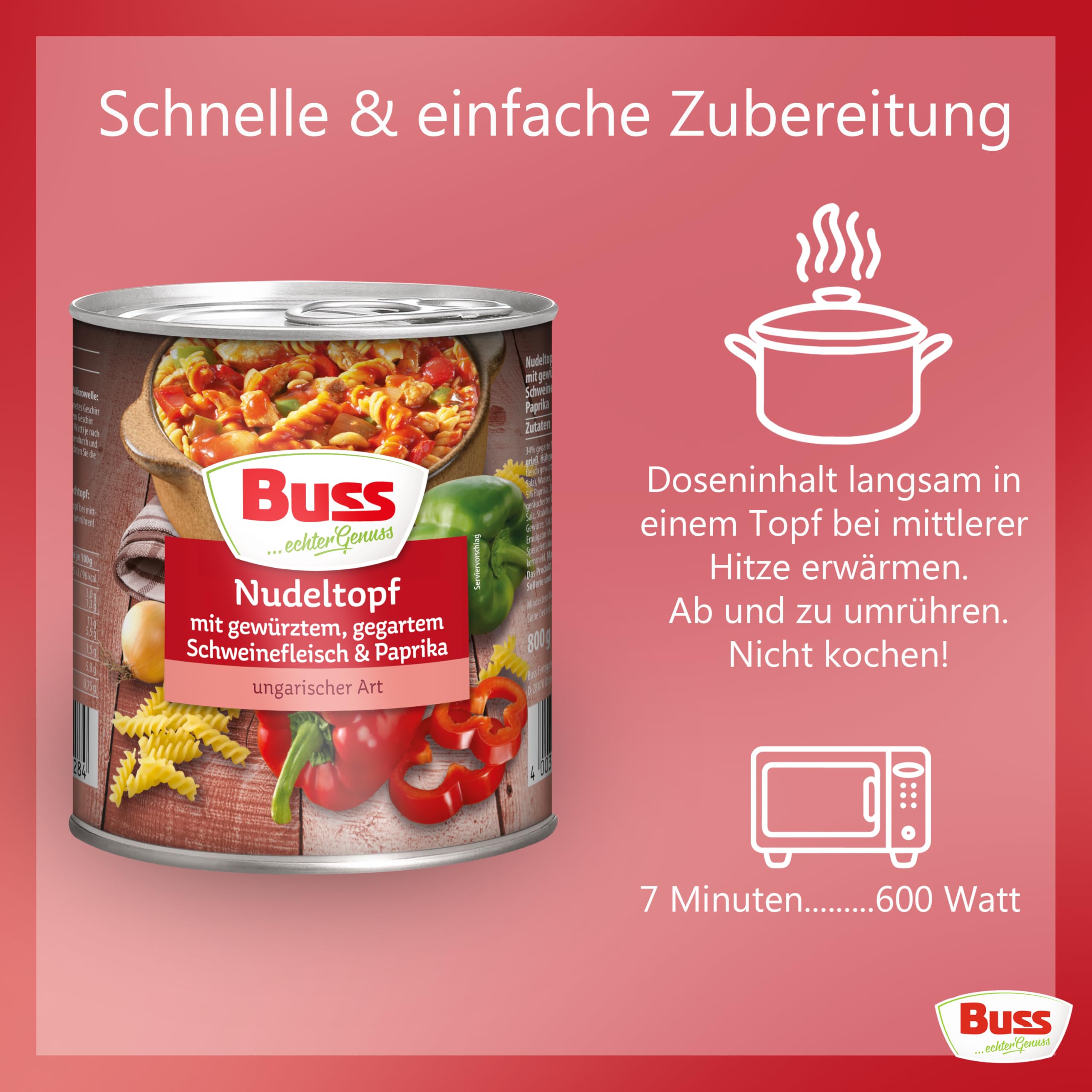 Buss Rustikale Gerichte - Nudeltopf nach ungarischer Art, 6 x 800g | Mit Paprika und Schweinefleisch - Lang haltbare Fertiggerichte zum schnellen Aufwärmen in Mikrowelle & Topf