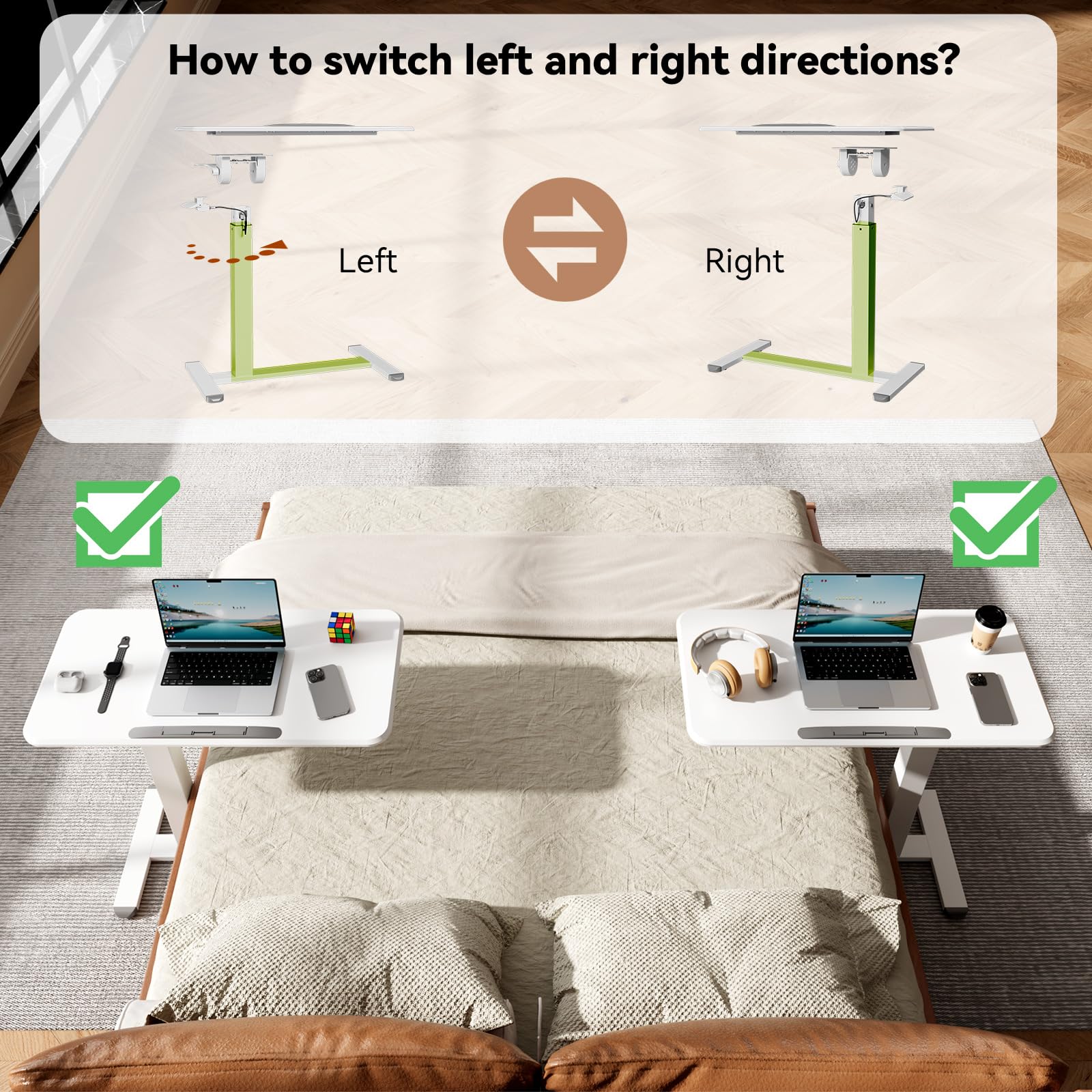 Mobile Standing Desk Height Adjustable Left Right Overbed Bedside Table 90 Tiltable Portable Laptop Desk with Wheels Foldable — view 7