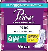 Poise Incontinence & Postpartum Pads, 3 Drop Light Absorbency Long Length, 96 Ct - Dry, Odor-Free Bladder Leak Protection