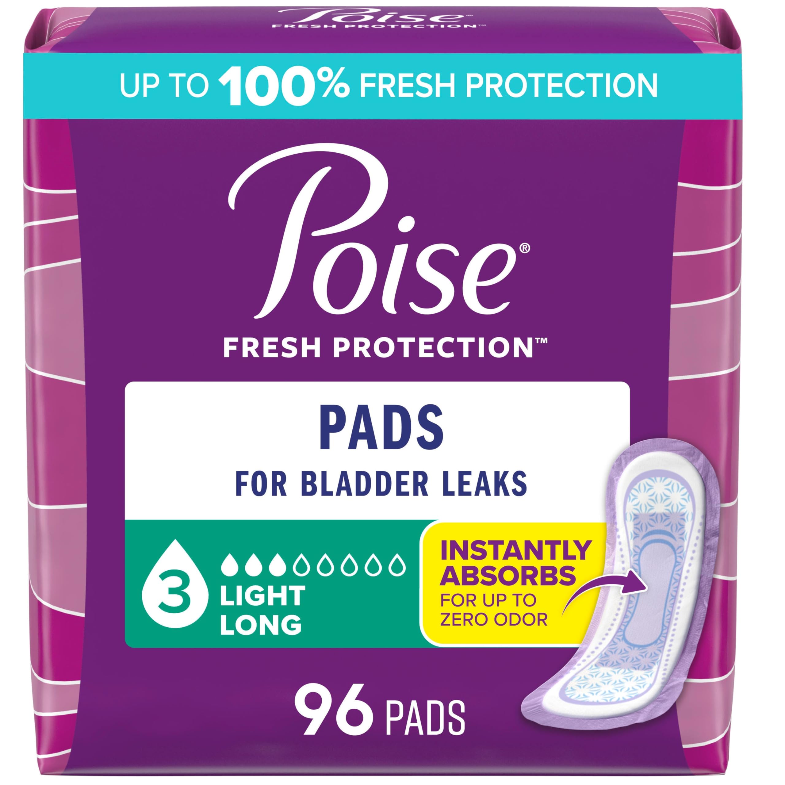 Poise Ultra Thin Incontinence Pad, Light Absorbent, Long, 24 Pack, 4 Pieces, Total of 96 Sheets