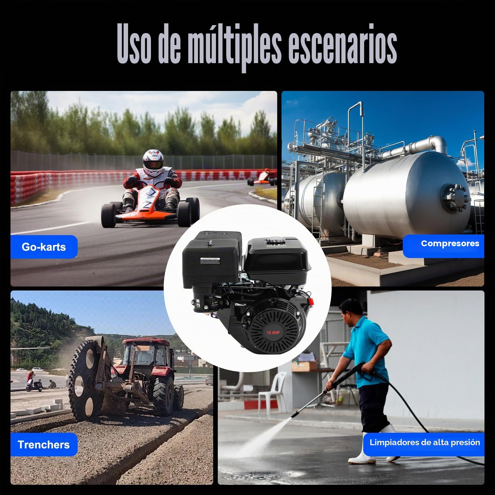 Motor de gasolina de 4 tiempos 15 CV 420 CC - Motor sobre pie - Motor industrial - Enfriamiento por aire OHV - Eje de 25 mm - 3600 rpm - Con función de alarma de aceite - Para karts, limpiadoras de