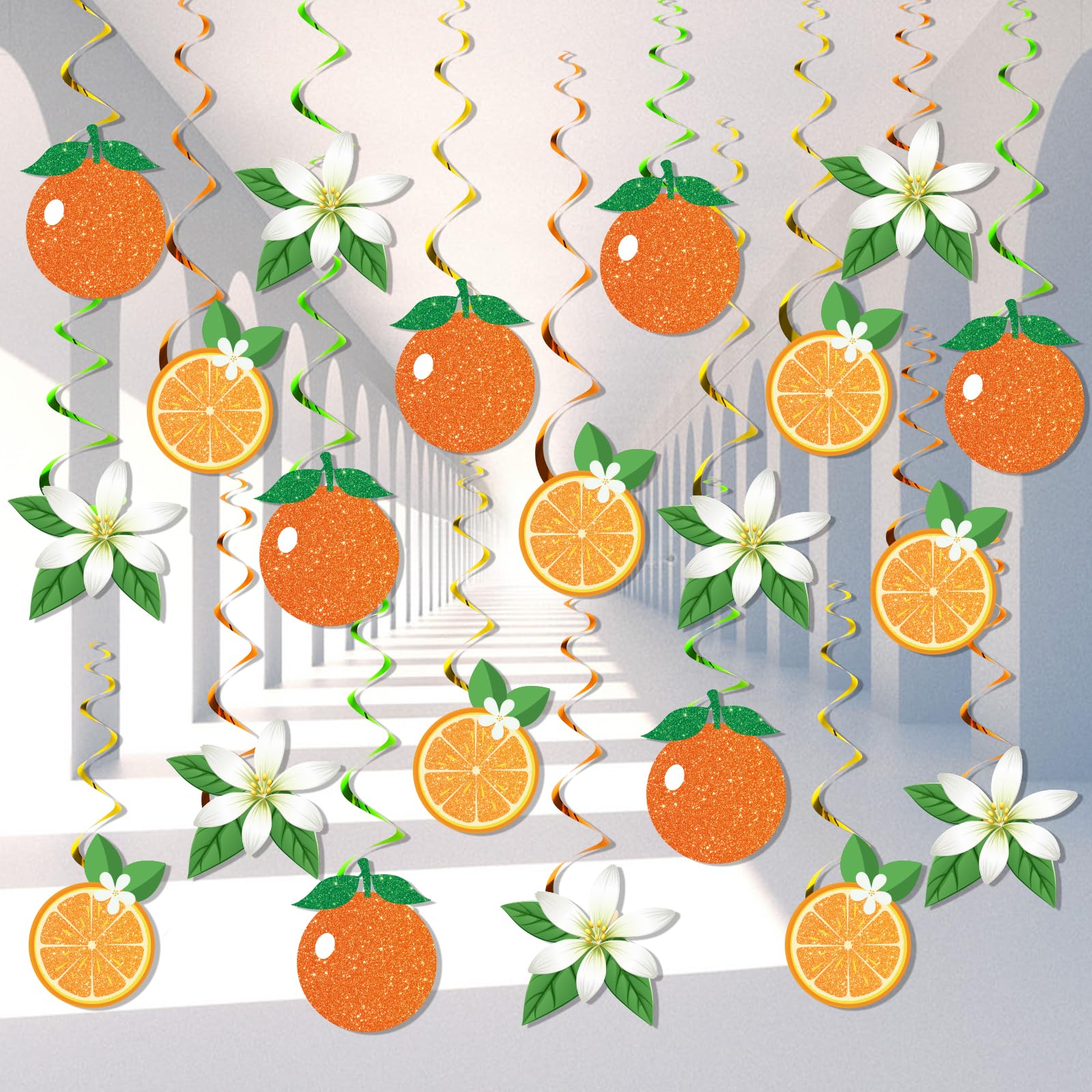 18 PCS Orange Fruit Decorations Orange Citrus Hanging Decor Citrus Slice White Flower Foil Ceiling Swirls Spring Summer Streamer Garland Wall Decor