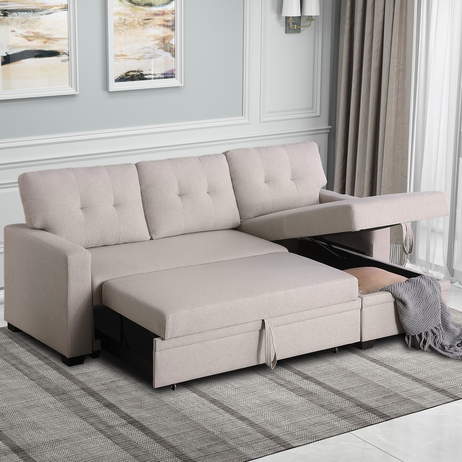 Rovibek 4-in-1 Convertible Sleeper Sofa Bed with Pull Out Bed - L Shaped Couch with Reversible Chaise & Storage, Space-Saving Hidabed for Living Room, Bedroom, Dorm, Office