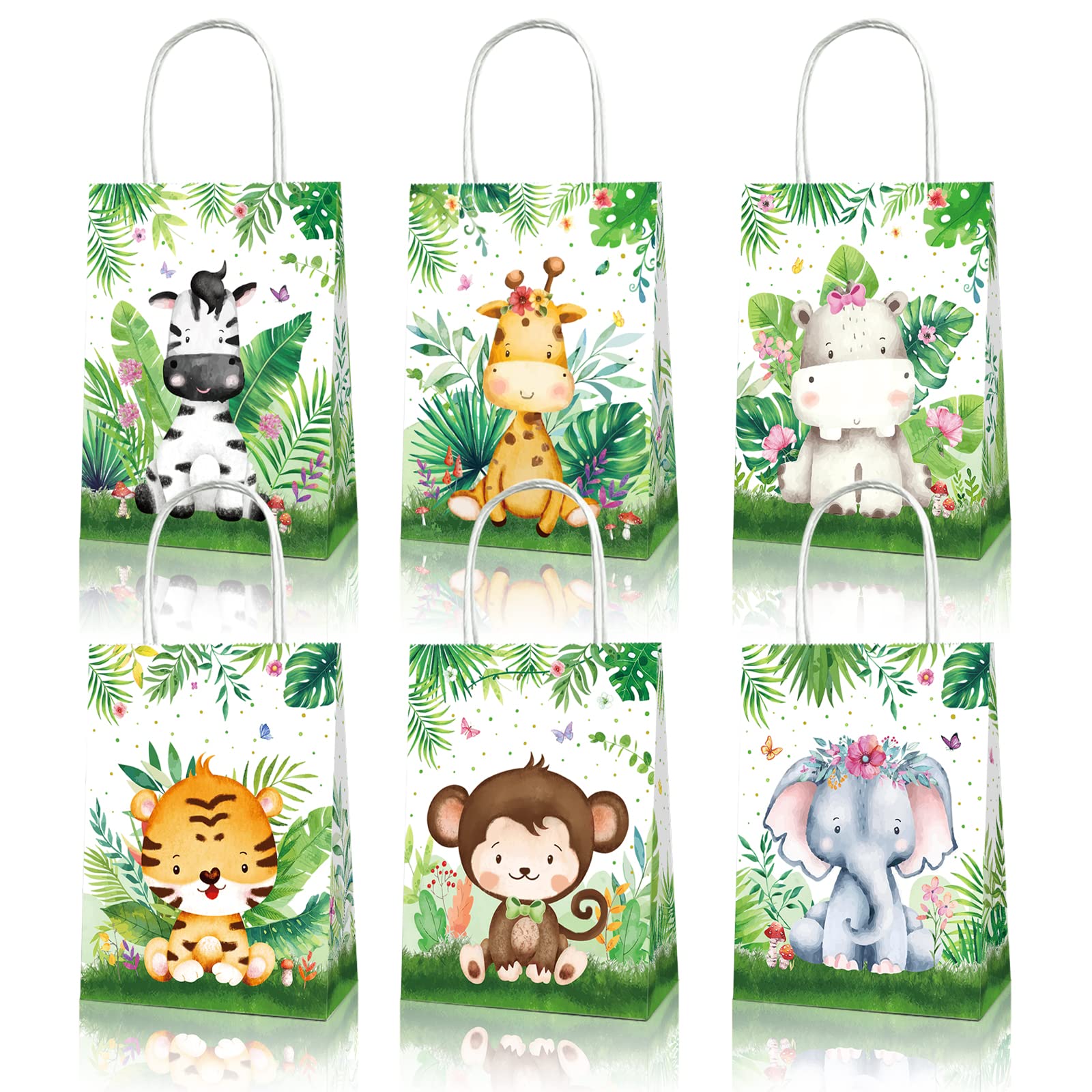 12 Packs Jungle Animals Gift Bags with Handles, 16cmx8cmx21cm Tiger Monkey Gift Bags for Kids or Adults in Birthday party, Weddings, Events or Shopping (jungle animals)