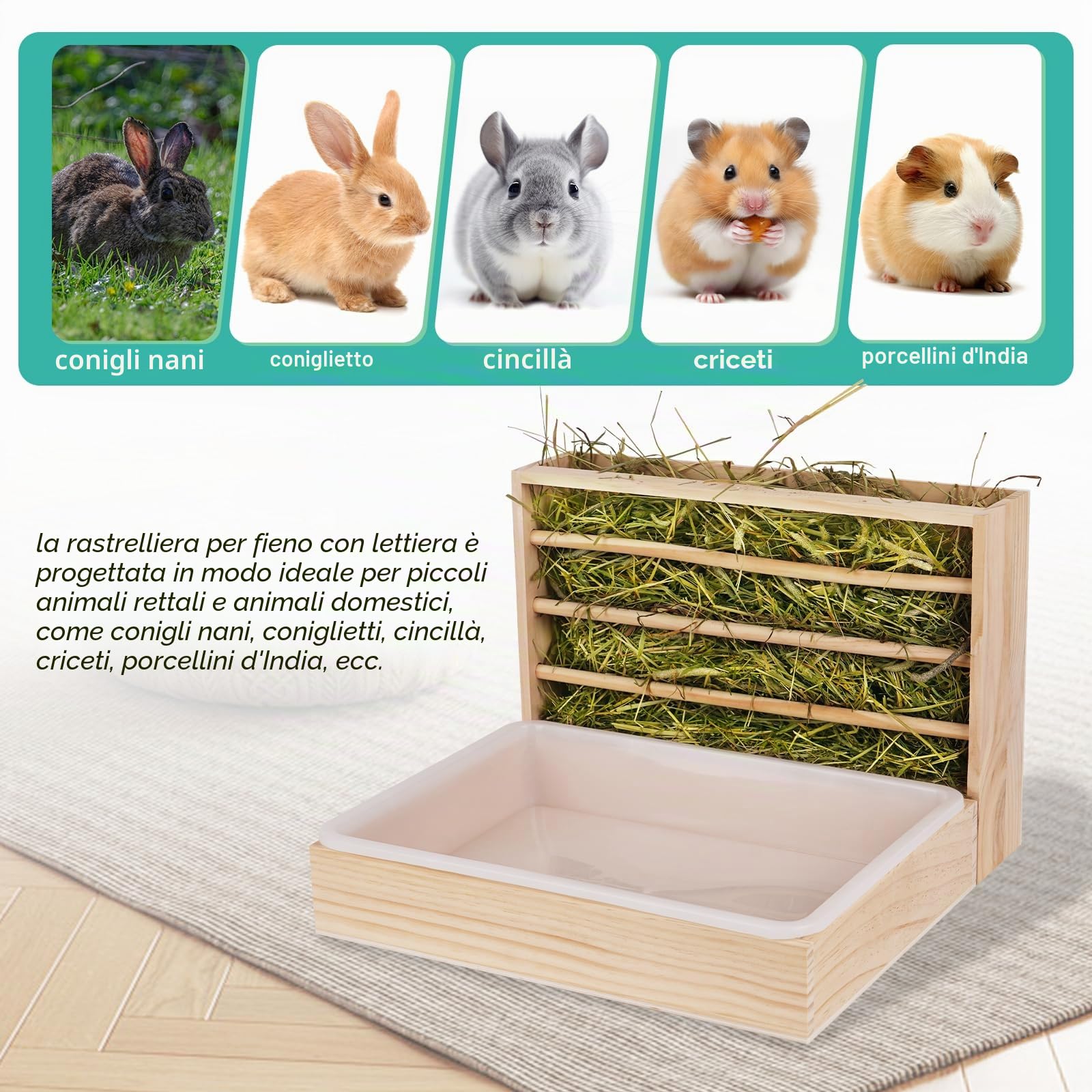 Mangiatoia 2 in 1 per conigli, in legno, con lettiera per gatti, per criceti, conigli in legno, per animali di piccola taglia