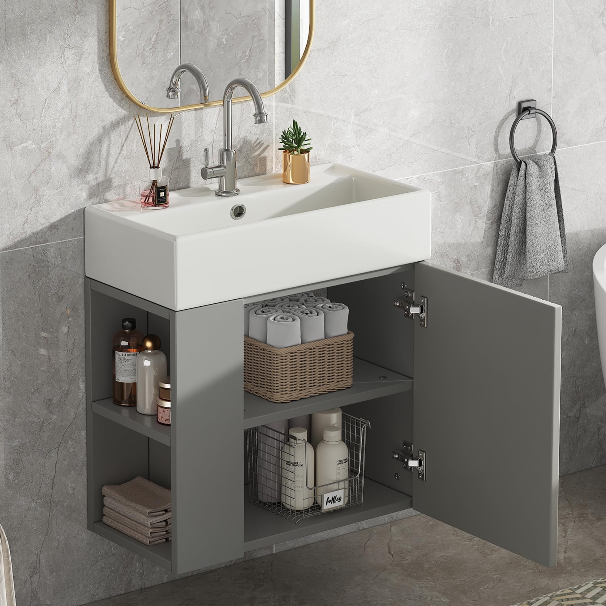Merax Mobile bagno sospeso 50 cm con lavandino in resina – salvaspazio e compatto per bagno, lavanderia o toilette ospiti │ Design moderno a righe verticali (bianco e grigio)