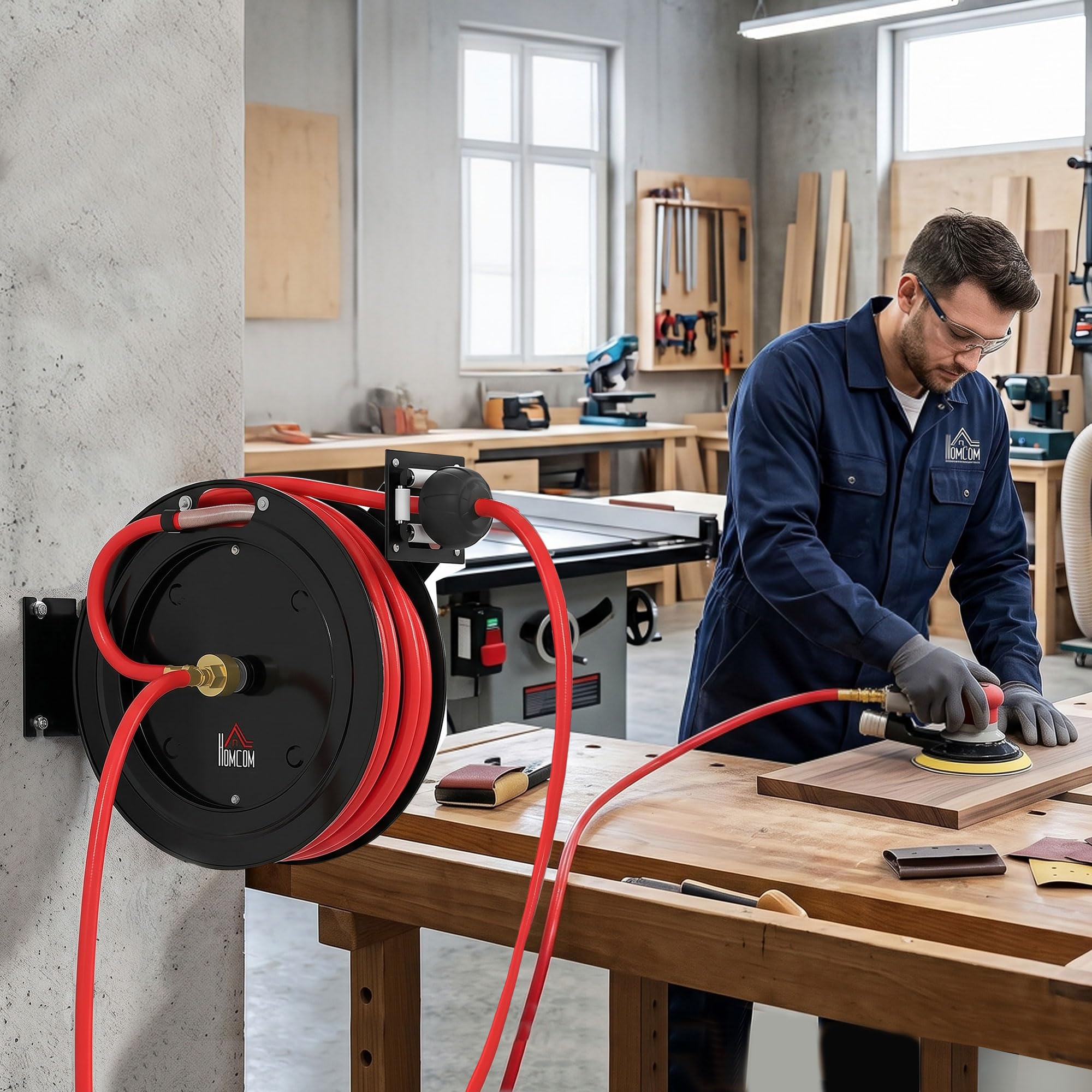 HOMCOM Carrete manguera aire automático 15m+1m | Conexión 1/4", 9,5x15,8mm, máx 20 bar, freno manguera, carrete con soporte pared.