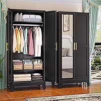 Vista 16 de Armario de metal con barra para colgar, armarios de almacenamiento de ropa de metal de 71 pulgadas con 2 puertas, 1 estante ajustable y 2 cajones, 2