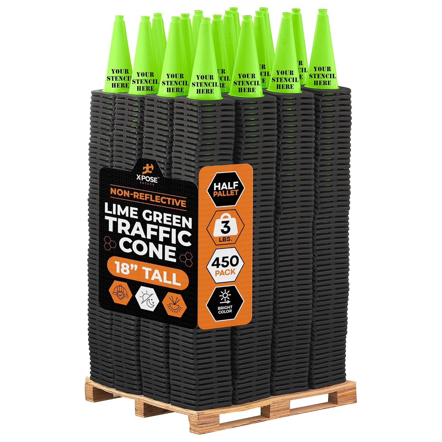 Xpose Safety 18” Lime Green Traffic Cone - 4 Pack - Premium PVC Safety Cone for Parking, Caution, Construction, Road Crews, Emergency Vehicle - DOT Approved