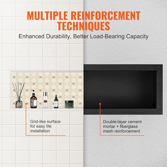 VEVOR Shower Niche Ready for Tile 16 x 50, Single Shelf Organizer, Square Corners Wall-inserted Niche Recessed, Sealed Protection Modern Soap Storage Niche for Shower Bathroom, Black