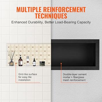 VEVOR Shower Niche Ready for Tile 16 x 50, Single Shelf Organizer, Square Corners Wall-inserted Niche Recessed, Sealed Protection Modern Soap Storage Niche for Shower Bathroom, Black