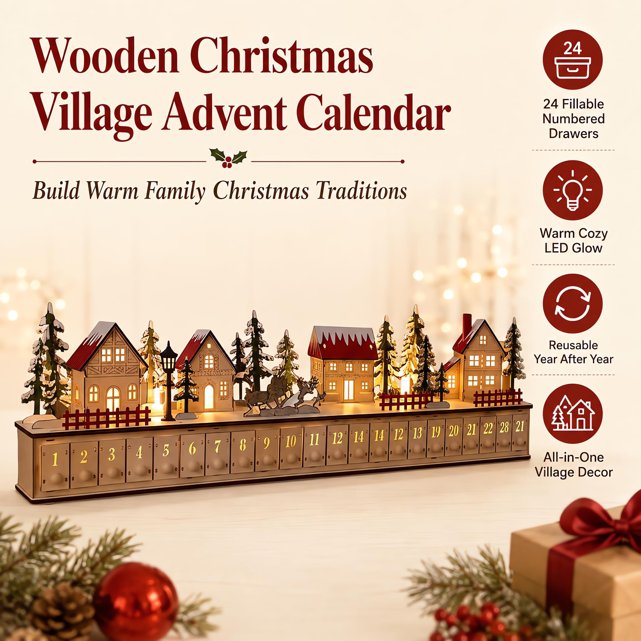 Calendario de Adviento de madera con cajones rellenables de 24 días