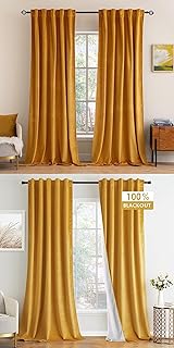 Velvet Curtains 84 inches Luxury Blackout Curtains for Bedroom Living Room Thermal Insulated Soft Window Drapes Back Tab, Mustard Yellow 2 Panels Bundle 100% Blackout Velvet Curtains 2 Panels