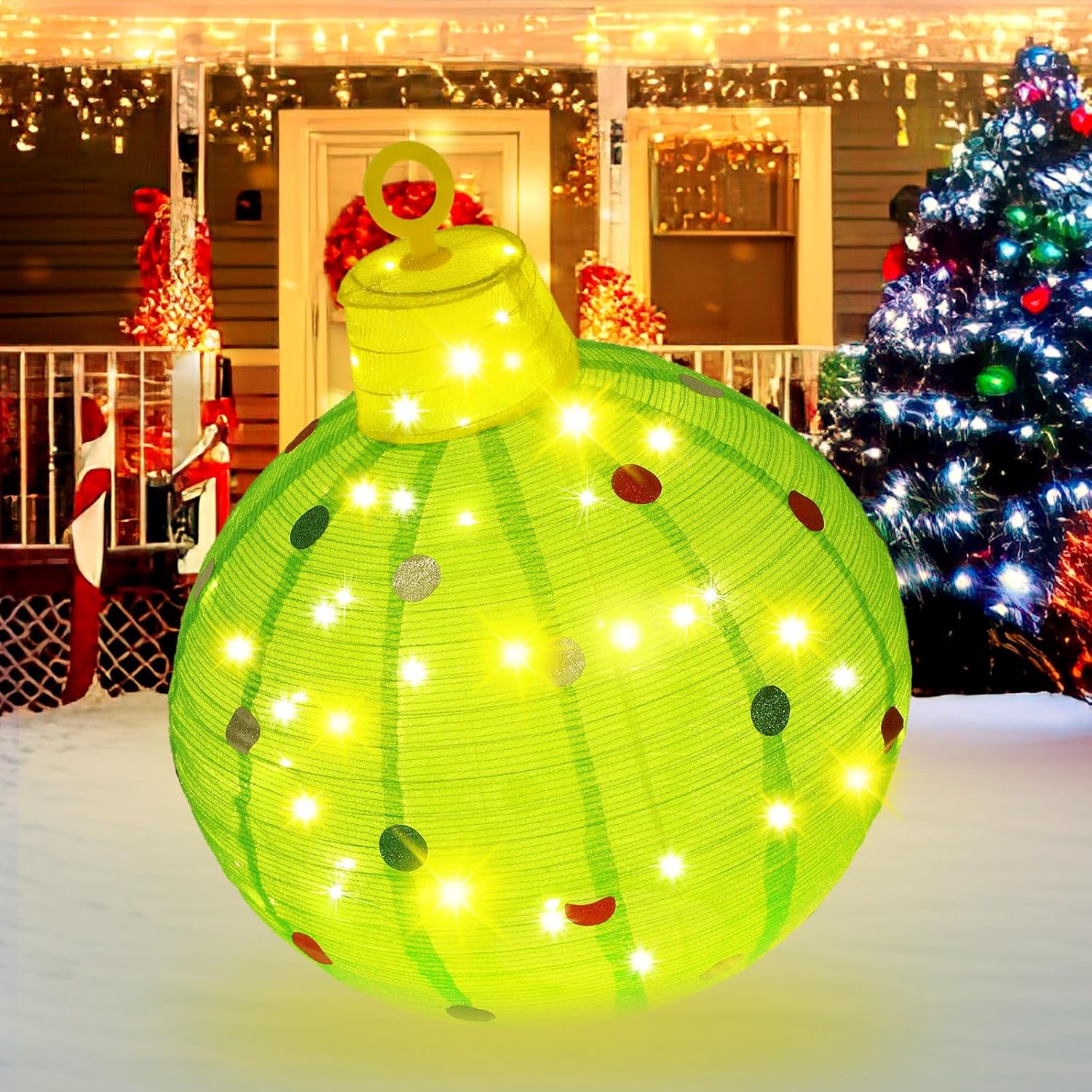 30 Inch Giant Lighted Outdoor Christmas Ball Ornament Green Glittered Pop up Christmas Ball Decor Xmas Oversized Collapsible Balls with 60 LED Lights and Base for Holiday Yard Lawn Garden