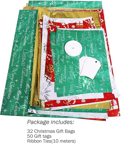 Miniatura 2 de WesGen Bolsas de regalo de Navidad, 32 bolsas de regalo de Papá Noel en 4 tamaños y 4 diseños con lazos de cinta y etiquetas para envolver las