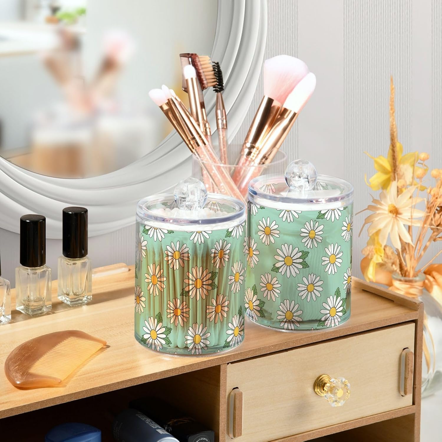 Qilmy Daisy Flower Green Qtip Holder 2 Pack, 14 oz Apothecary Jars Bathroom Vanity Organizer Canister for Qtips, Cotton Swabs, Cotton Balls, Cosmetic Pads, Flossers, Bath Salts