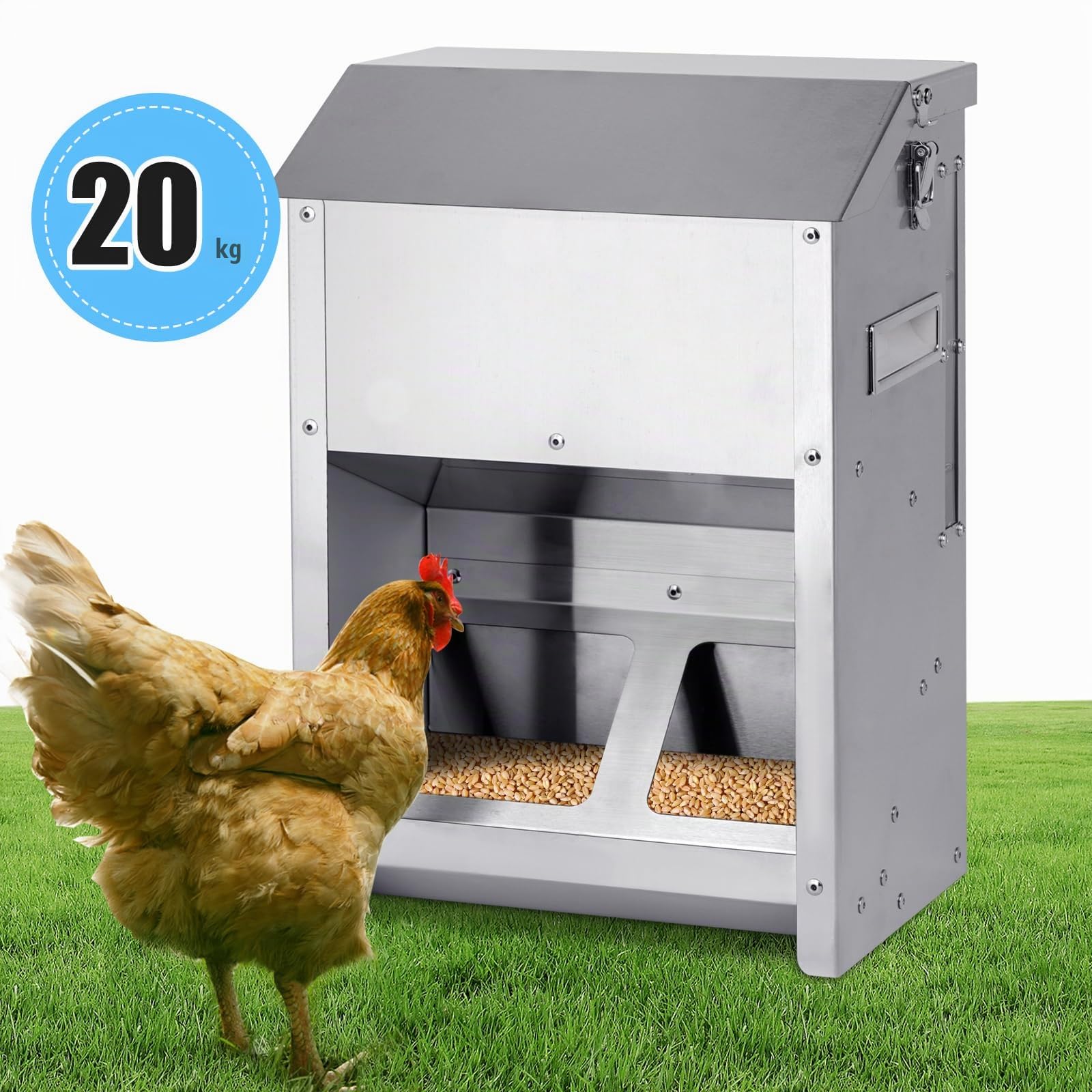 9kg Mangiatoia Automatica Per Polli No Waste Mangiatoia per Pollaio Grande in Acciaio Inossidabile Con Finestra Visiva e Coperchio Antipioggia per Pollo Anatra Tacchino, Uso Esterno