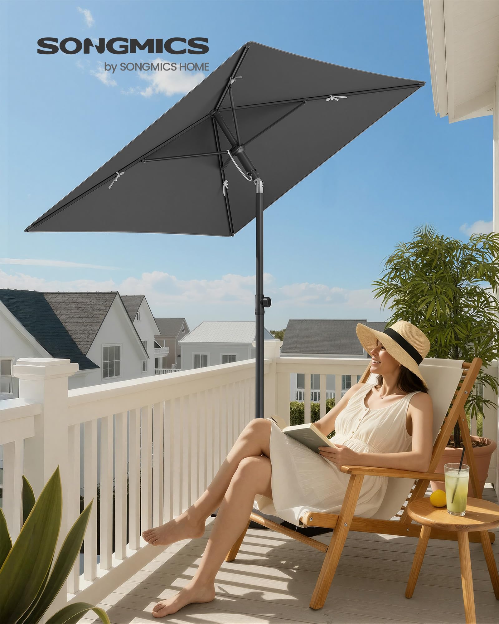 SONGMICS Sonnenschirm Balkon, 190 x 120 cm, Gartenschirm rechteckig, UPF 50+ Sonnenschutz, knickbar, Terrassenschirm, Outdoor Garten Terrasse Strand, Tragetasche, ohne Ständer, grau GPU024GZ01