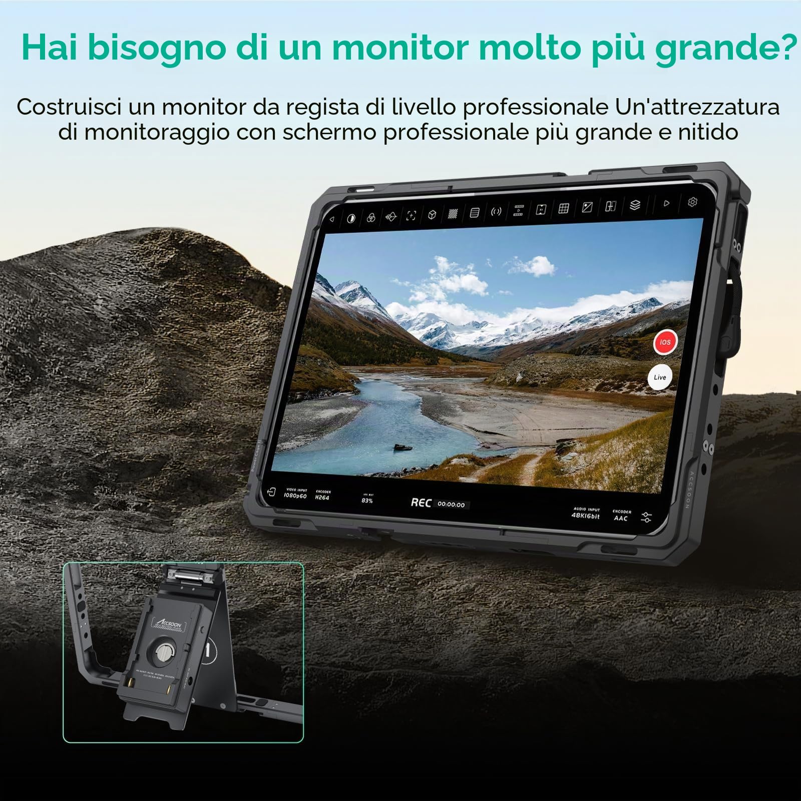 Accsoon Power Cage II per iPad Gen 5-10/Air 3-5/Pro 9.7,10.5,11 Pollici (Gen 1-4) per RED KOMODO Gimbal SLR Mirrorless Kit Trasmissione Wireless e Display