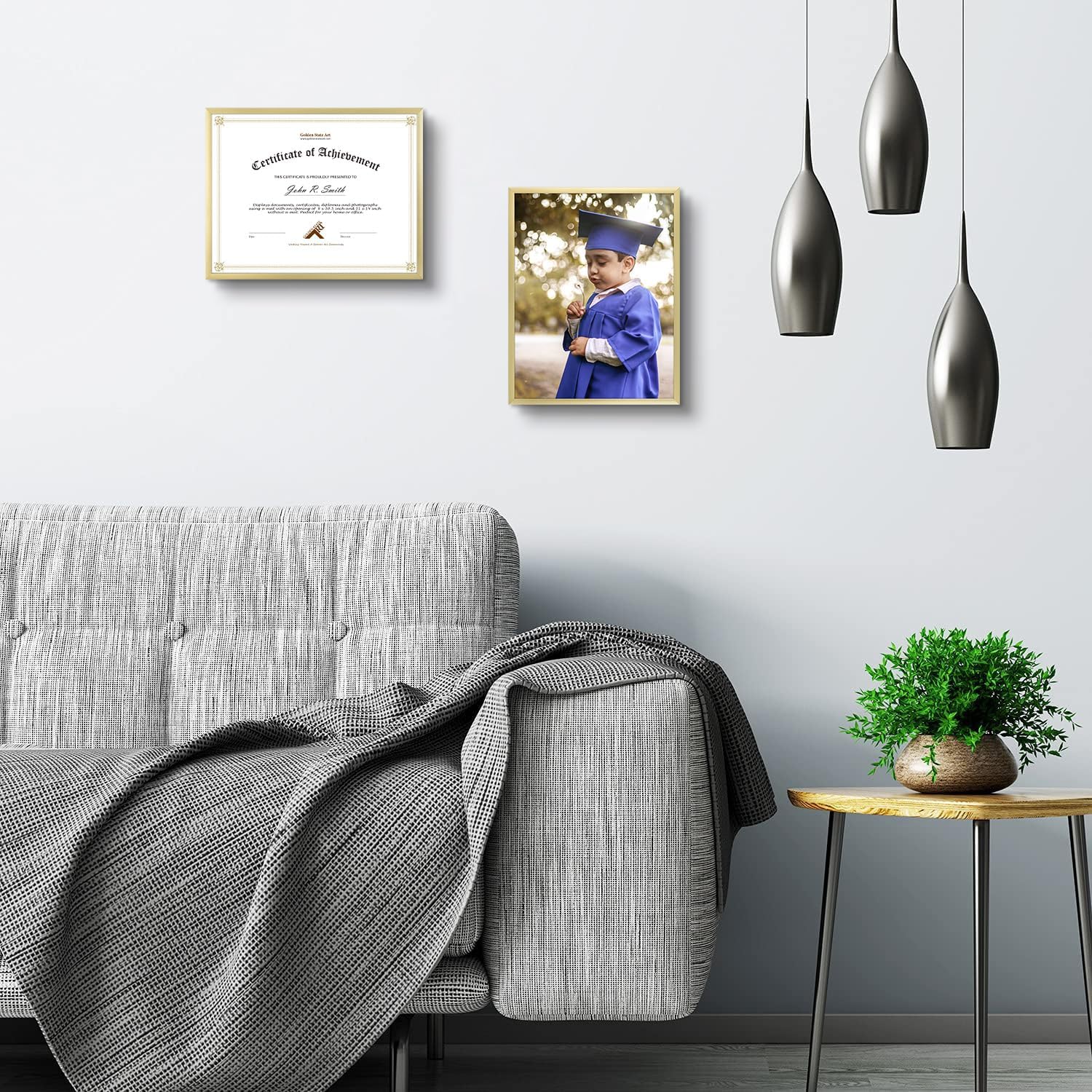 Golden State Art, 8.5x11 Aluminum Frame, Real Glass, Metal Frame for 8.5 by 11 inch Document, Certificate, Diploma. with Easel Stand (Gold, 1 Pack)