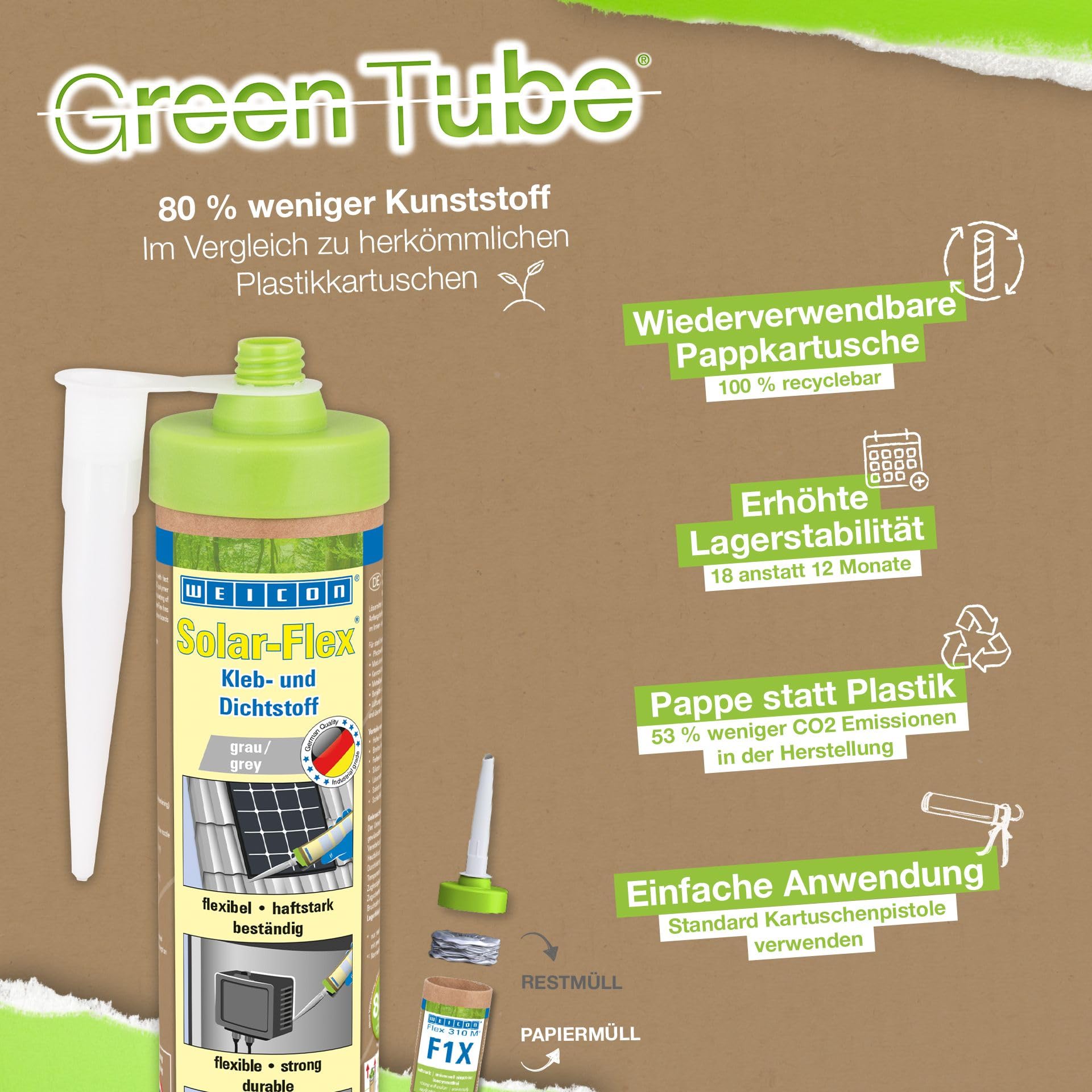 WEICON Green Tube Set Solar Flex, 280 ml, colla solare per pannelli solari, 100% cartuccia di carta riciclabile, riutilizzabile, bianco