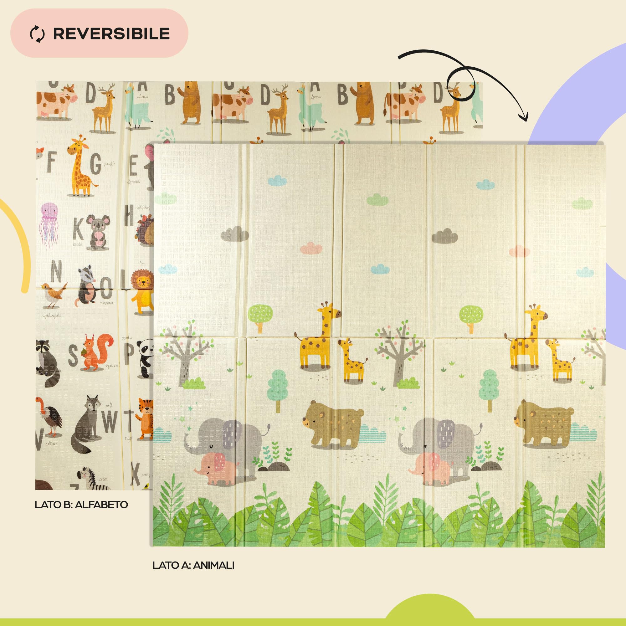Tappeto da gioco bambini 150×180×1 cm pieghevole reversibile atossico impermeabile antiscivolo palestra neonato tummy time bambini arco giochi neonato 0-3/3-6/6-9 mesi sviluppo sensoriale