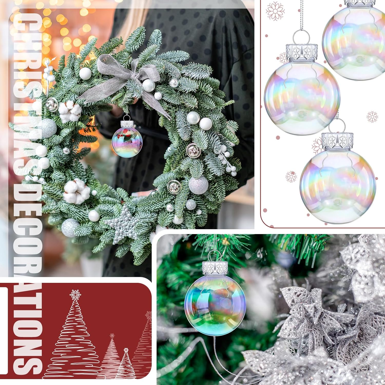 Funtery 24 Pcs Christmas Iridescent Clear Ornaments Balls Iridescent Christmas Balls for Tree Crafts Fillable Transparent DIY Hanging 2.5 Inch Rainbow Ball for Holiday Decor (Iridescence Style)