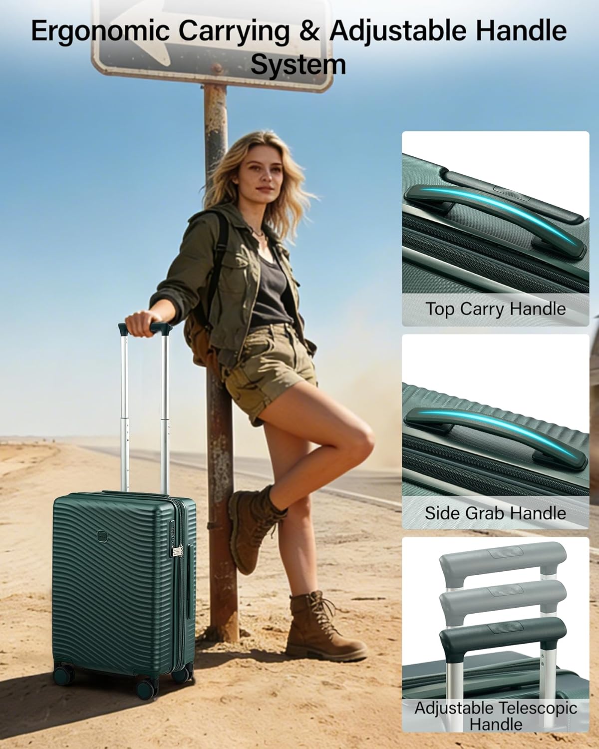 MILADA 24 Inch Expandable Checked Luggage - Hardshell Suitcase with Wheels, TSA Lock, Durable PC Shell, Checked Baggage, Lightweight & Scratch-Resistant, Blackish Green
