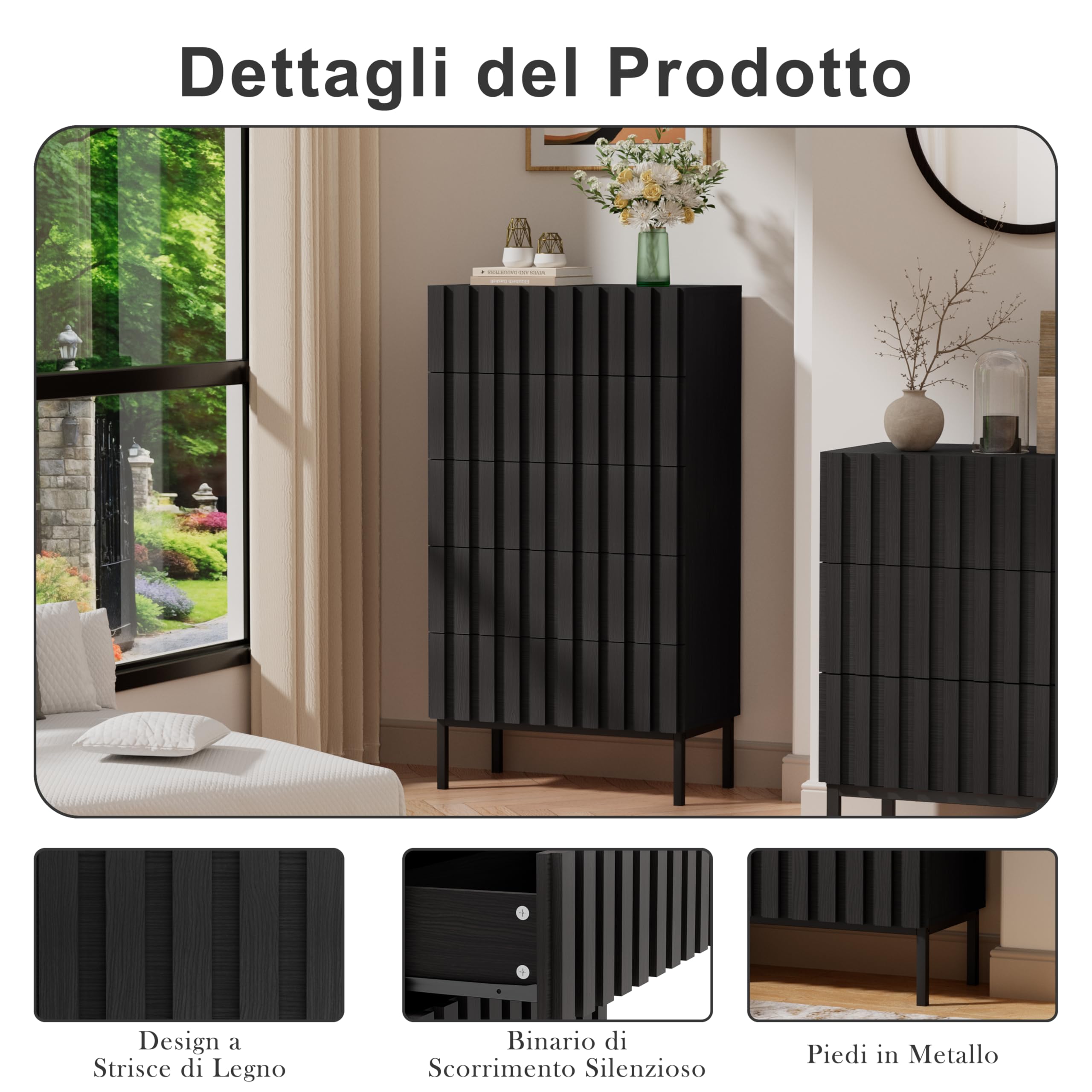 UEV Cassettiera Naturale con 5 Cassetti, Settimino Salvaspazio con Motivo a Doghe di Legno, Cassettiere Camera da Letto Solida e Stabile con Design Antiribaltamento, 60 x 34 x 110 cm, Nero