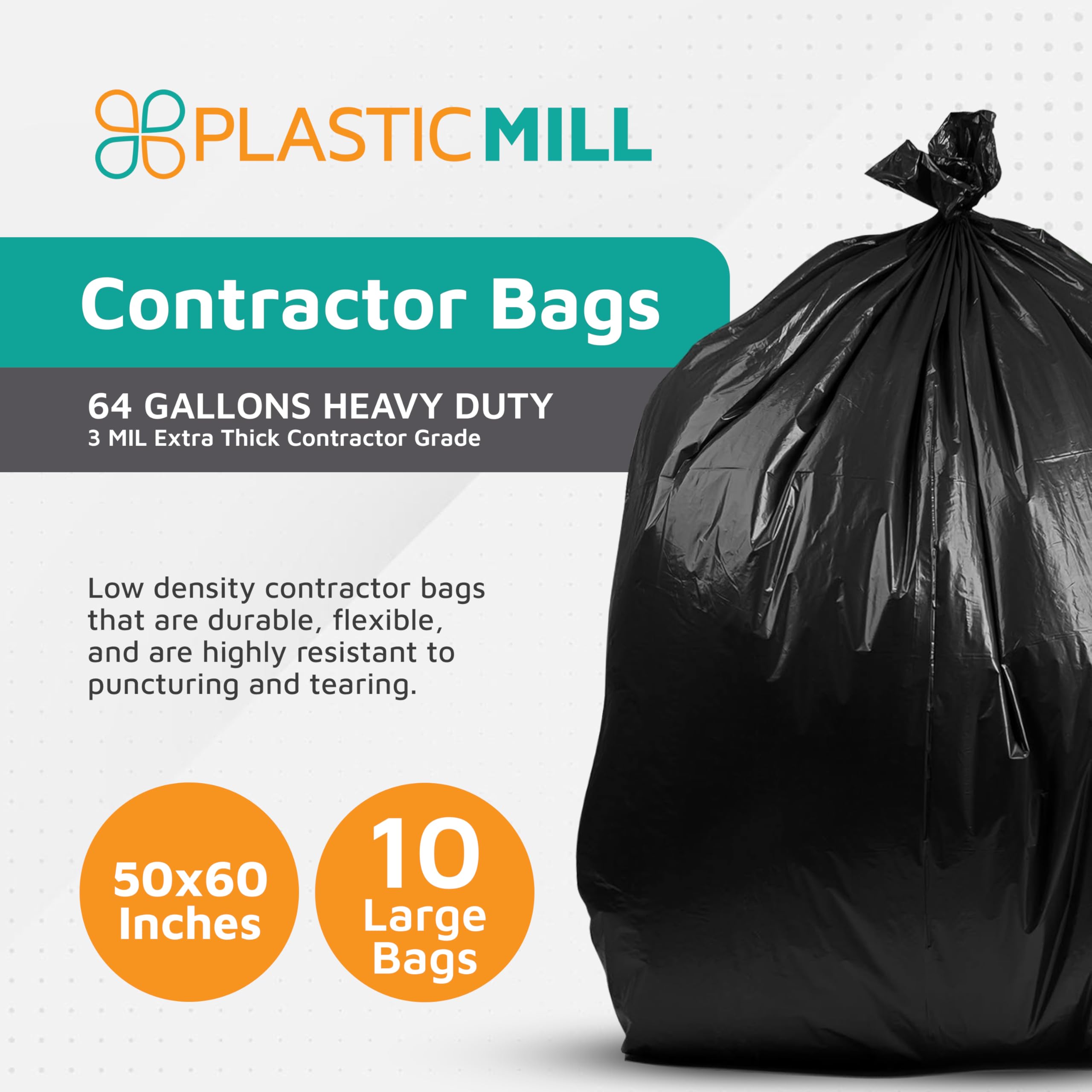 PlasticMill 64 Gallon Contractor Bags: Black, 3 Mil, 50x60, 10 Bags.