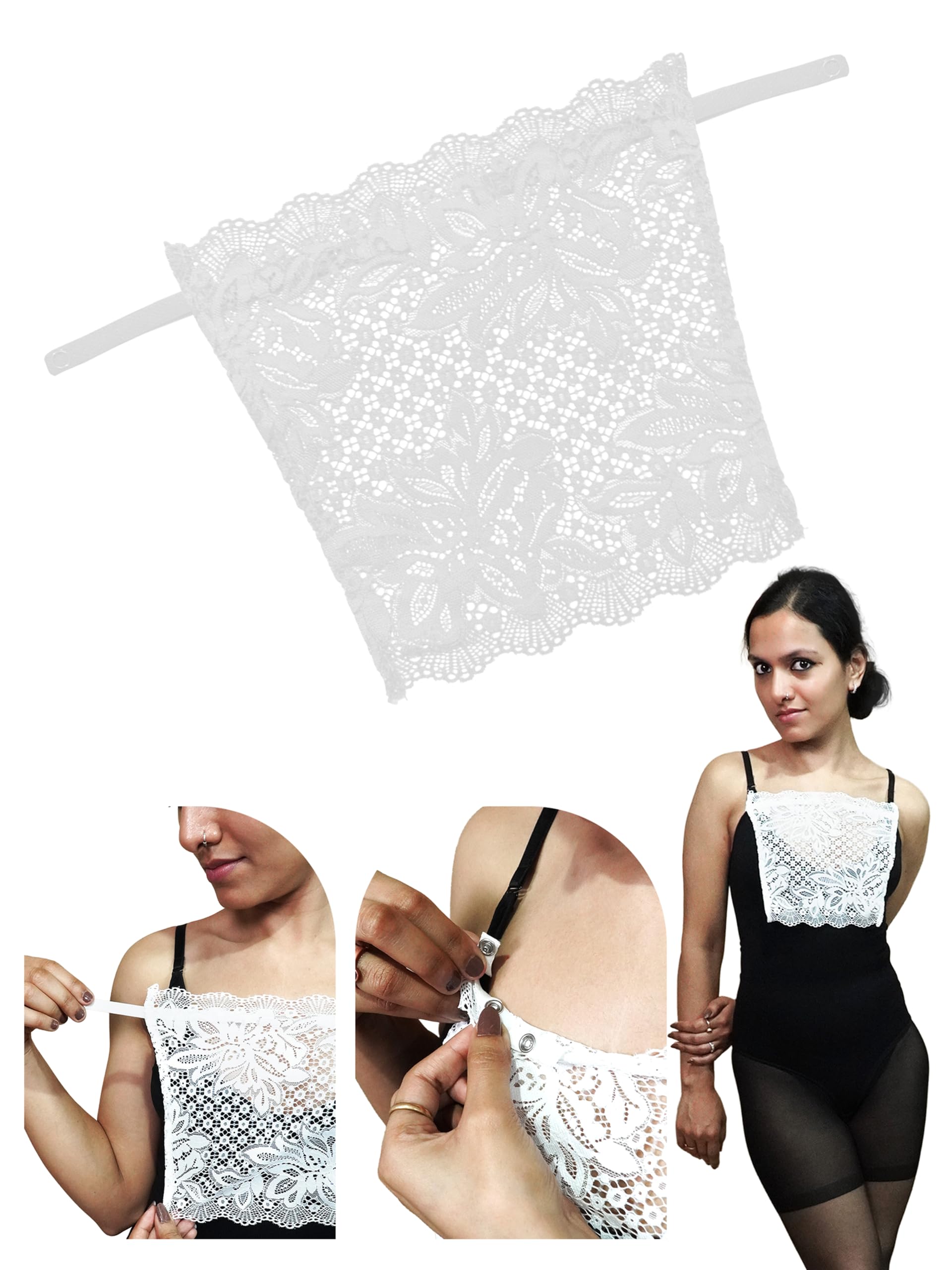 Deep Neck Cover Up Lace Camisole Insert For Women - White Adjustable Clip On Cami for Cleavage Coverage and Neckline Styling | Mockers-image-38