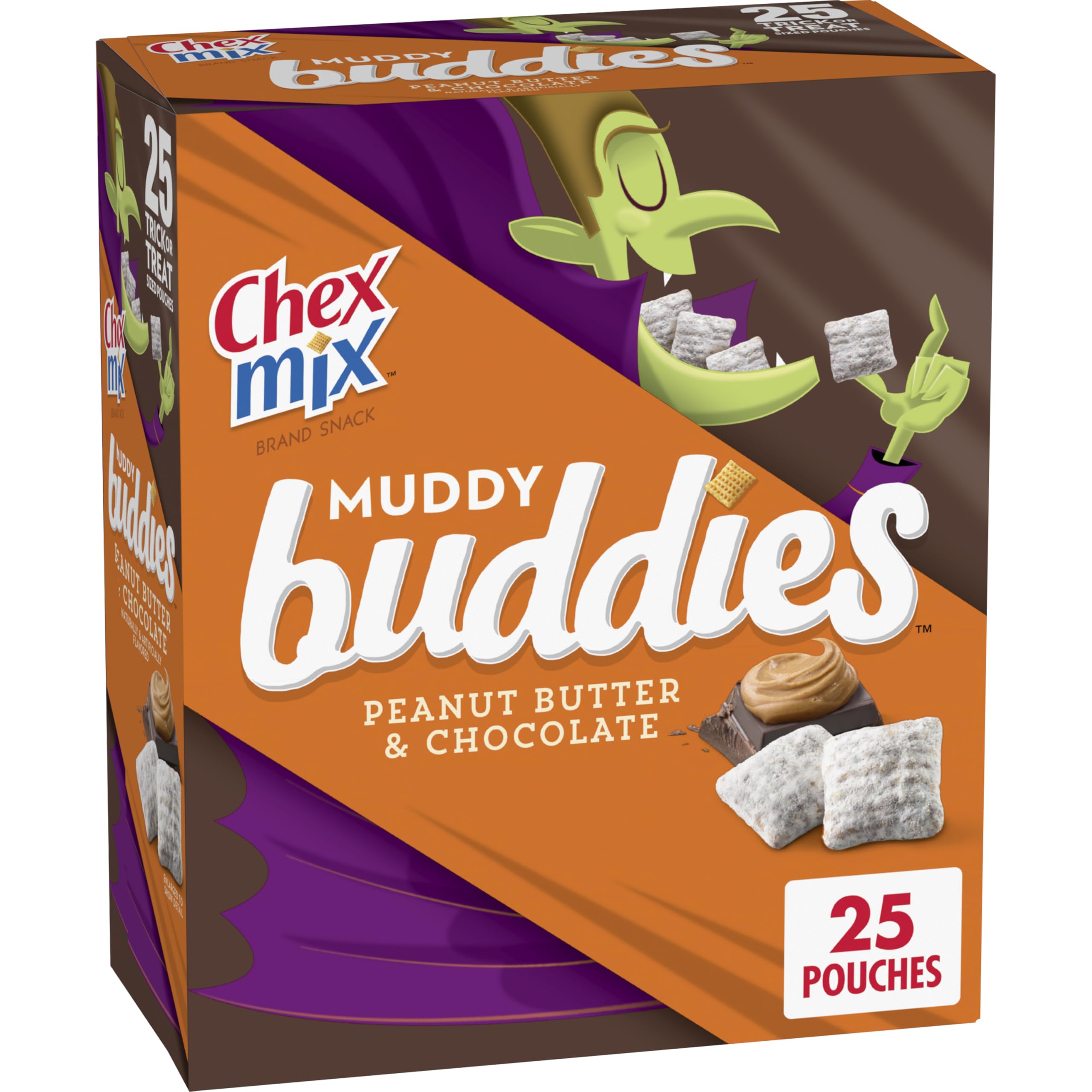 Chex Mix Muddy Buddies Peanut Butter & Chocolate Snack Mix, 25 ct | 25 Trick-or-Treat Size Pouches, Crispy Corn Chex, Chocolatey Peanut Butter Coating, Sweet Powdery Finish